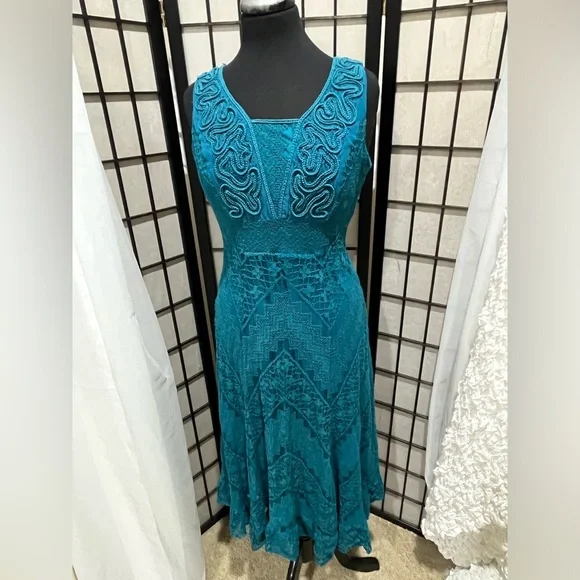 Reba Vibrant TURQUOISE/TEAL SLEEVELESS LACE FIT & FLARE RETRO MIDI DRESS SIZE M - Picture 4 of 10